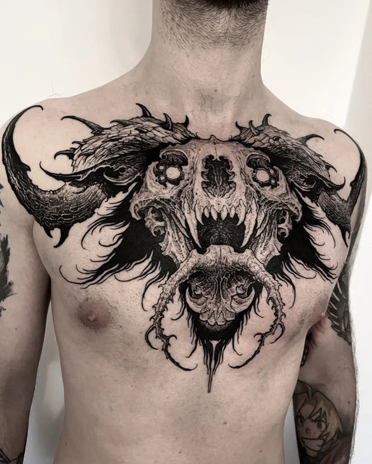 Big Blackwork Skull Demon on Men Chest Tattoo by @konradkrajdaart