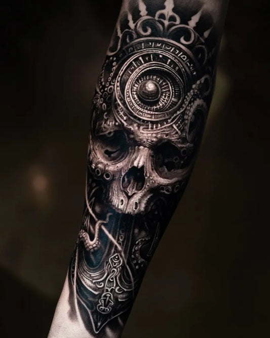 Big Blackwork Skull Gear Crown on Men Arm Tattoo by @mumia916