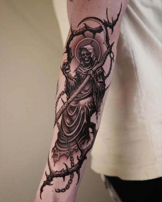 Big Blackwork Skull Grim Reaper Chains on Men Arm Tattoo by @taesin___