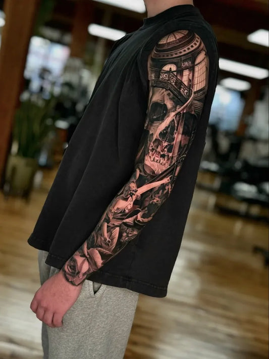Big Blackwork Skull Octopus Flowers on Men Arm Sleeve Tattoo by @sirko_tattoo