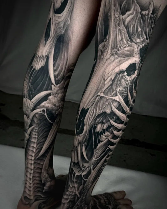 Big Blackwork Skull Ribcage Dragon on Men Legs Tattoo by @nekromech