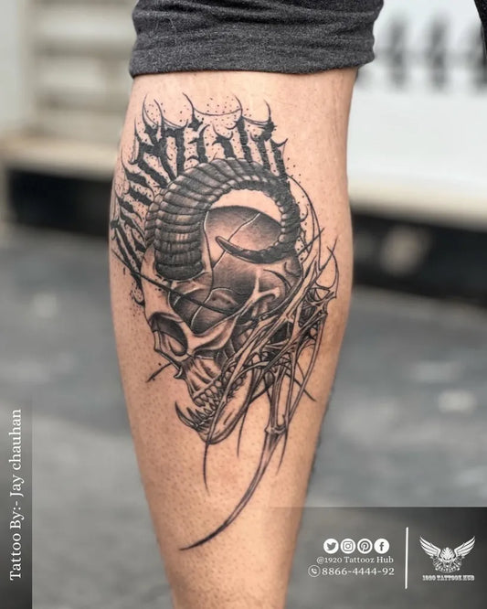 Big Blackwork Skull Serpent on Men Leg Tattoo by @1920tattoozhub