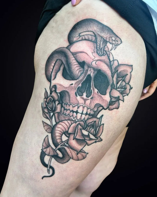 Big Blackwork Skull Snake Roses on Women Thigh Tattoo by @imadamspivak