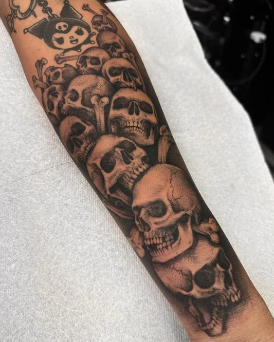 Big Blackwork Skull Stack on Men Arm Tattoo by @inkbymik