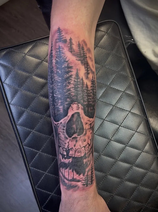 Big Blackwork Skull Trees on Men Arm Tattoo by @therapyinktattoo