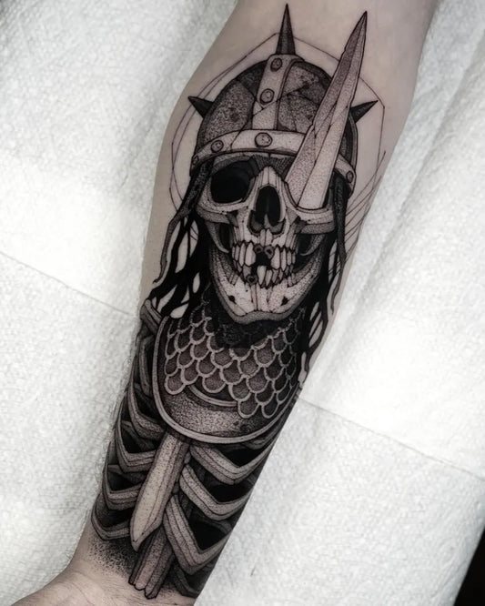 Big Blackwork Skull Viking Warrior on Men Arm Tattoo by @maxwelllacroix