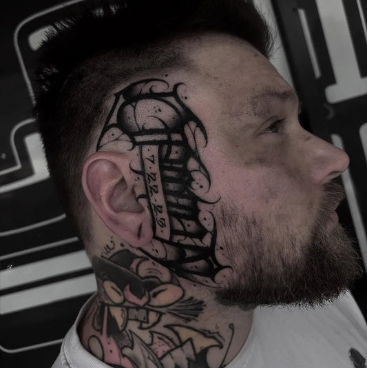 Big Blackwork Skull and Date on Men Face Tattoo by @seventh_dean