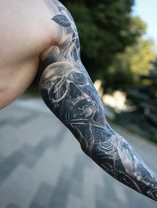 Big Blackwork Skull and Flowers on Men Arm Sleeve Tattoo by @lamanigancetattootoronto