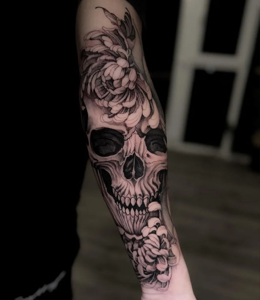 Big Blackwork Skull and Peonies on Men Arm Tattoo by @samuel.reder