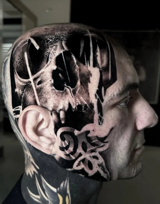 Big Blackwork Skull and Tribal on Men Head Tattoo by @stefanogalati_
