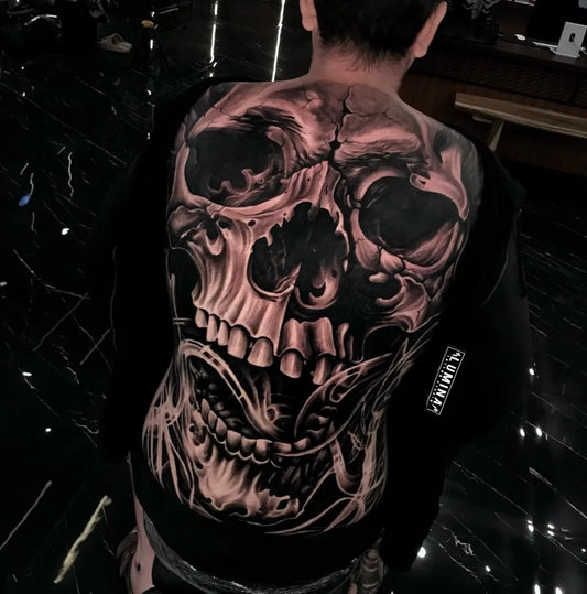 Big Blackwork Skull on Men Back Tattoo by @deck_ndu_lumina