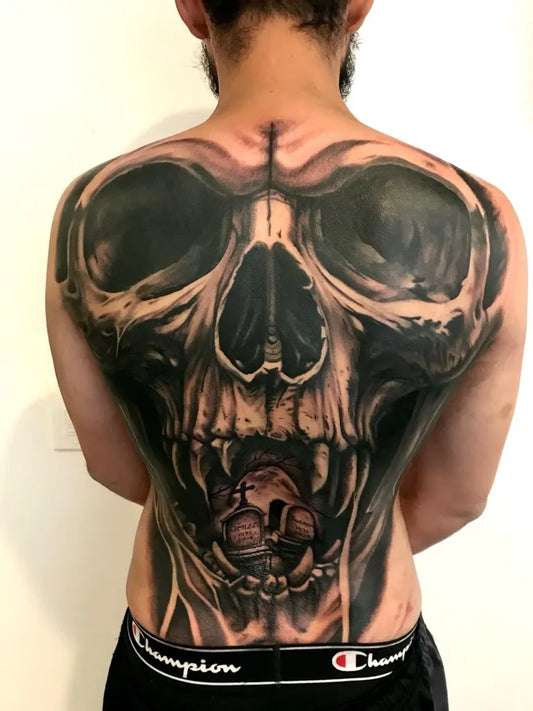 Big Blackwork Skull on Men Back Tattoo by @jaysall_tattoo