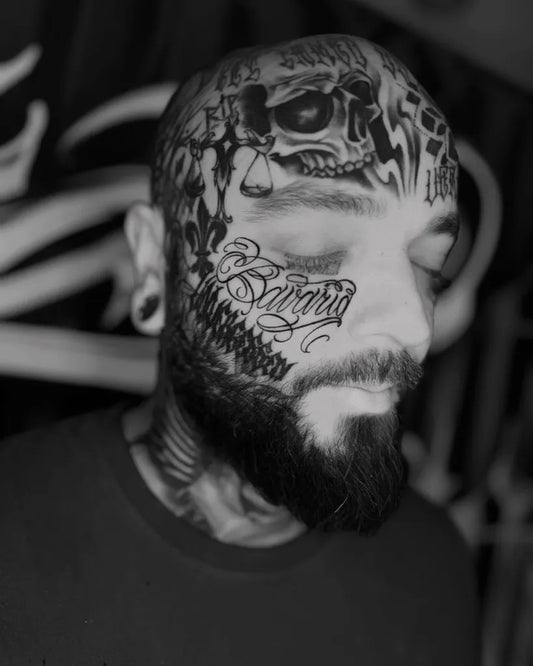 Big Blackwork Skull on Men Face Tattoo by @inked_tz