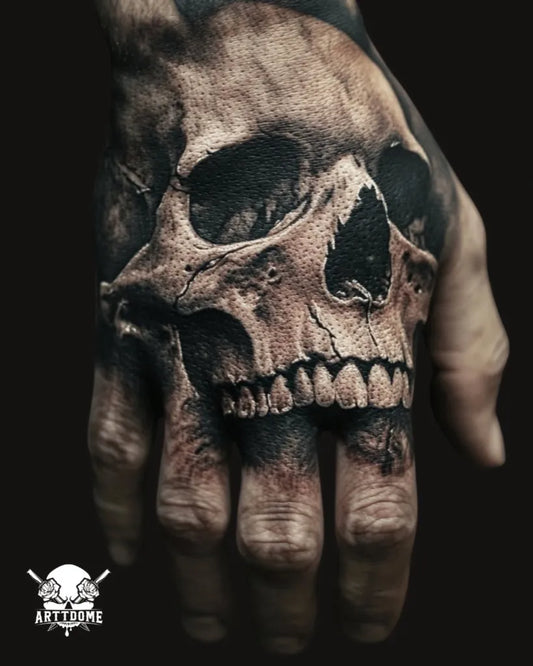 Big Blackwork Skull on Men Hand Tattoo by @arttdome