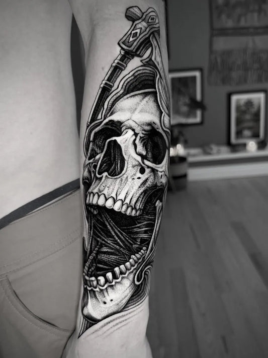 Big Blackwork Skull with Ax Men Arm Tattoo by @birchwolf