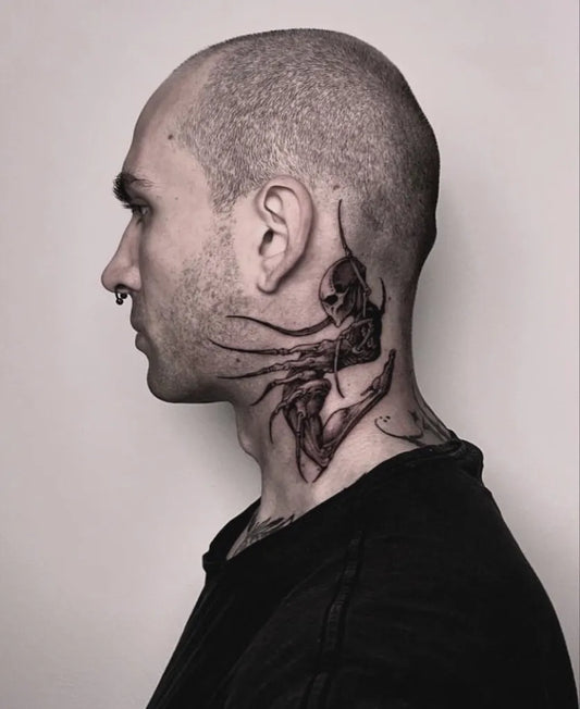 Big Blackwork Skull with Tentacles on Men Neck Tattoo by @_duchy_