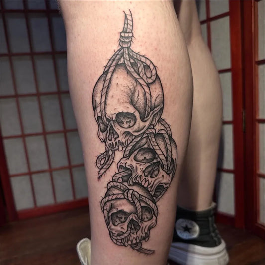 Big Blackwork Skulls Bound by @Rope on Women Leg Tattoo by @nbrowntattoos637