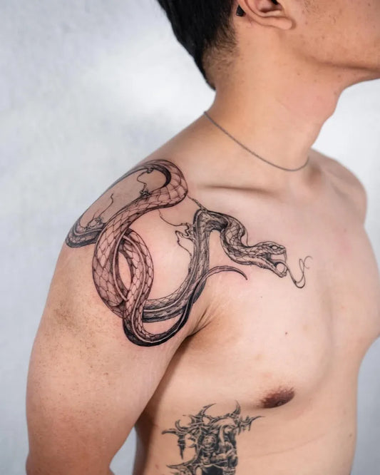 Big Blackwork Snake Dragon on Men Shoulder Tattoo by @lych.e_