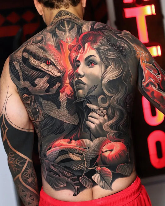 Big Blackwork Snake Woman and Apple on Men Back Tattoo by @tattoosfolder