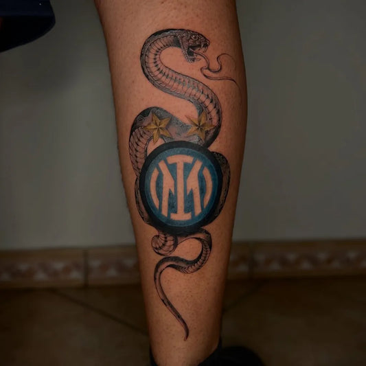 Big Blackwork Snake and Inter Milan Crest on Men Leg Tattoo by @di_maio_kevin_inkvalley