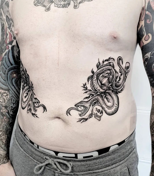Big Blackwork Snake and Octopus Tattoo on Men Stomach by @beccambtattoo
