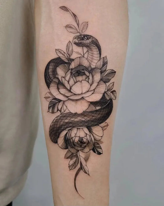 Big Blackwork Snake and Peony on Men Arm Tattoo by @ejintatt