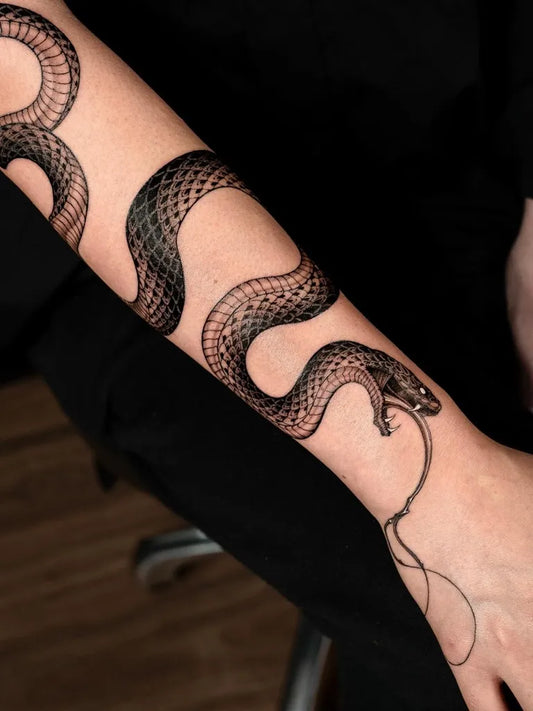 Big Blackwork Snake and Rope on Women Arm Tattoo by @kabitattooer