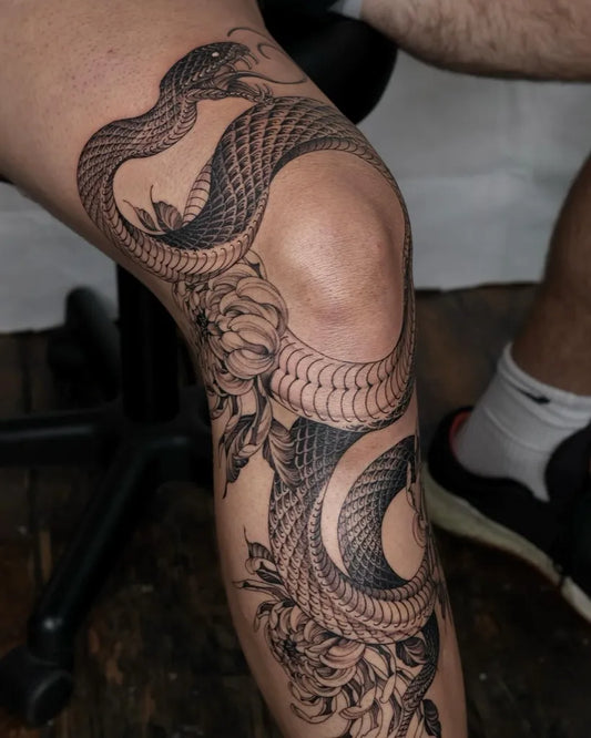 Big Blackwork Snake and Rose on Men Knee Tattoo by @namsan_tt