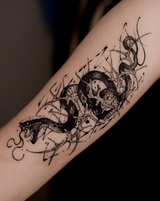 Big Blackwork Snake and Skull on Women Arm Tattoo by @zoony.ink