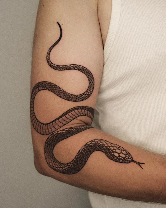 Big Blackwork Snake on Men Arm Tattoo by @koonoblk