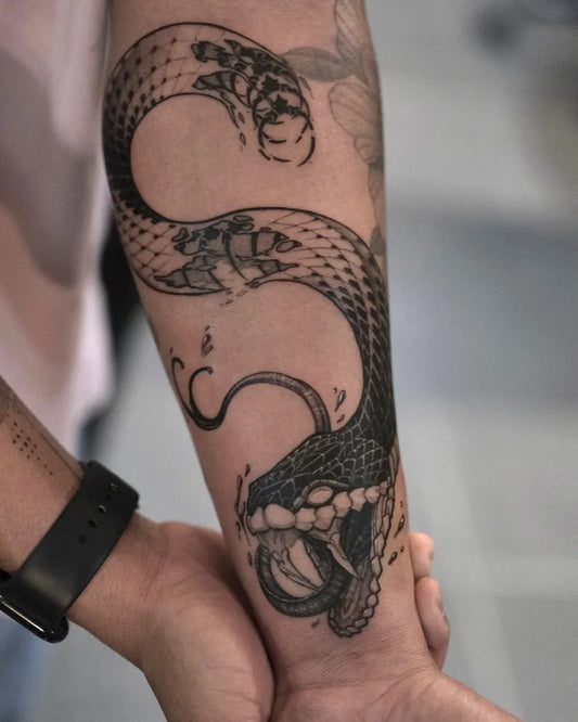 Big Blackwork Snake on Men Forearm Tattoo by @delicz.ttt