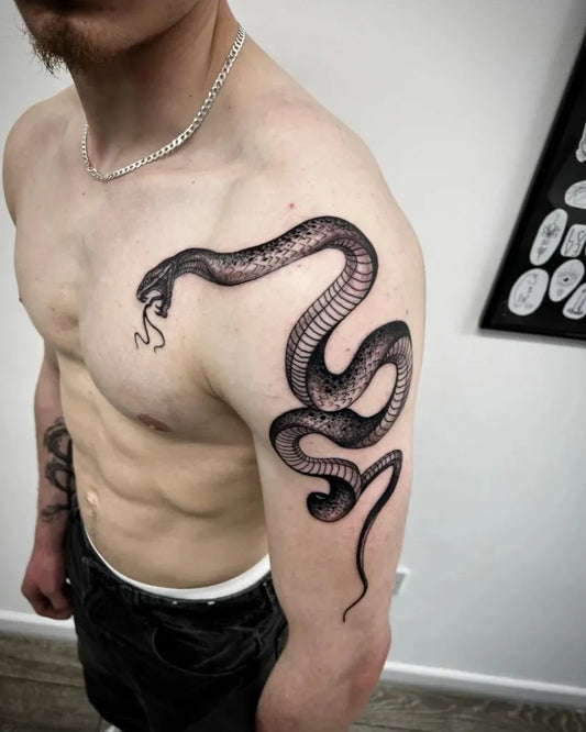 Big Blackwork Snake on Men Shoulder Tattoo by @bigdogtattoos