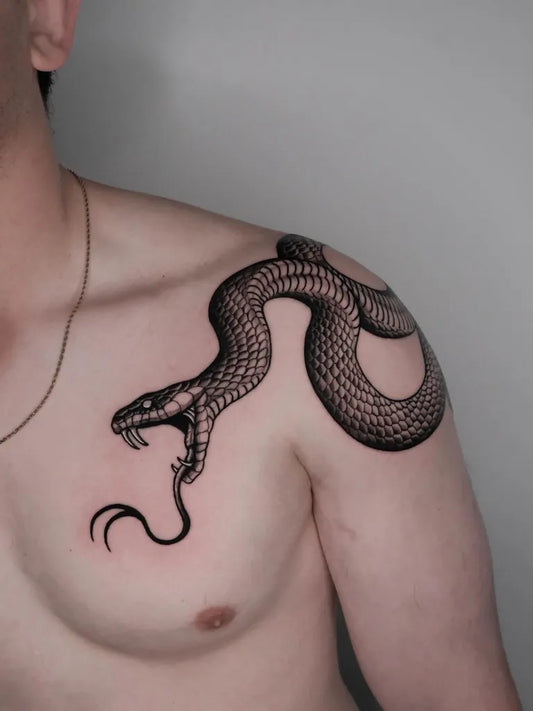 Big Blackwork Snake on Men Shoulder Tattoo by @rickytattoox