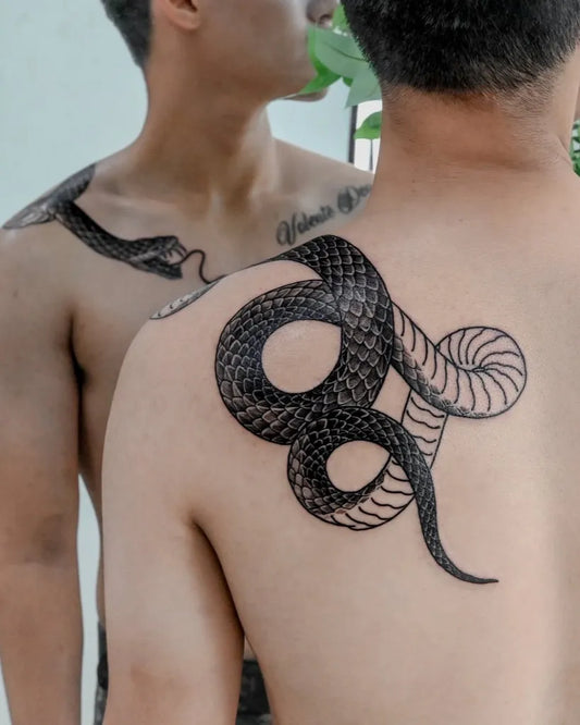 Big Blackwork Snake on Men Shoulder Tattoo by @tattooist_lk