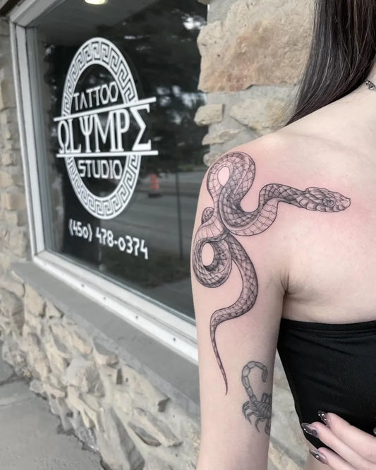 Big Blackwork SnakeScorpion on Women Shoulder Tattoo by @lesscamtattoo