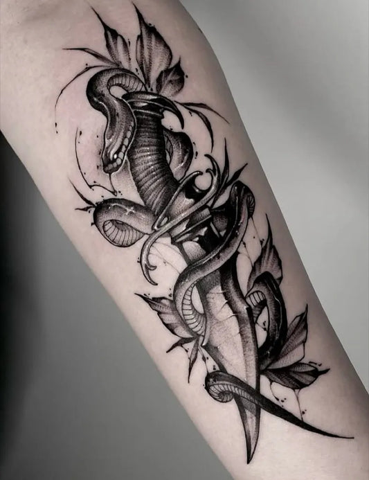 Big Blackwork Snakes Knife Tattoo on Men Arm by @badhands_la