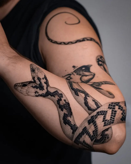Big Blackwork Snakes and Mushroom on Men Arm Tattoo by @tattooassist
