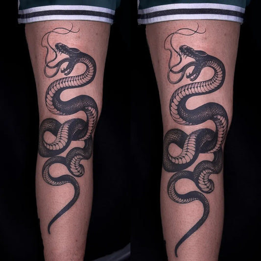 Big Blackwork Snakes on Men Thigh Tattoo by @after.life_tattoos