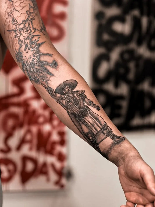 Big Blackwork Sombrero Figure on Men Arm Tattoo by @vean_tattoo_wolverhampton