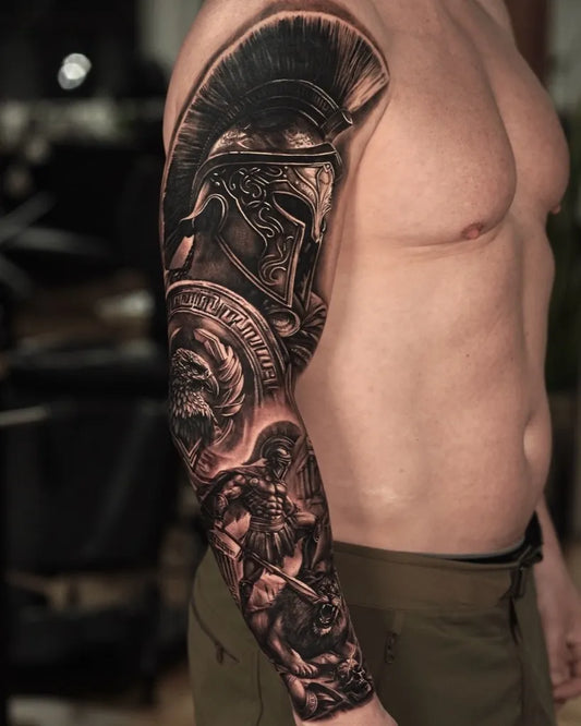 Big Blackwork Spartan Warrior on Men Arm Sleeve Tattoo by @dayantorresart