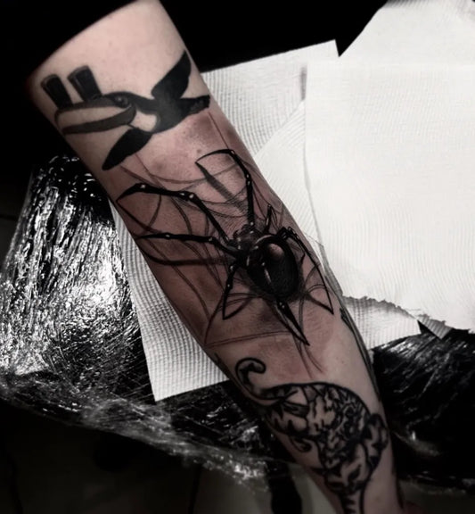 Big Blackwork Spider Bird Tiger on Men Arm Tattoo by @jameschurchtattoos