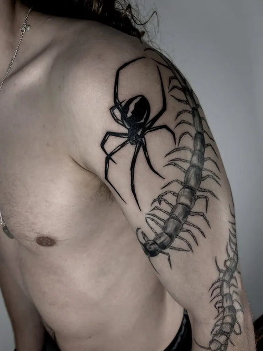 Big Blackwork Spider Centipede on Men Arm Tattoo by @keri.vacant.tattoo