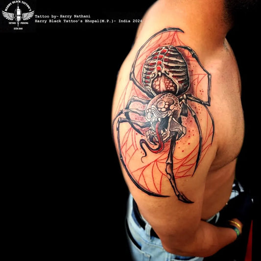 Big Blackwork Spider Skeleton on Men Arm Tattoo by @harryblacktattoos_studio