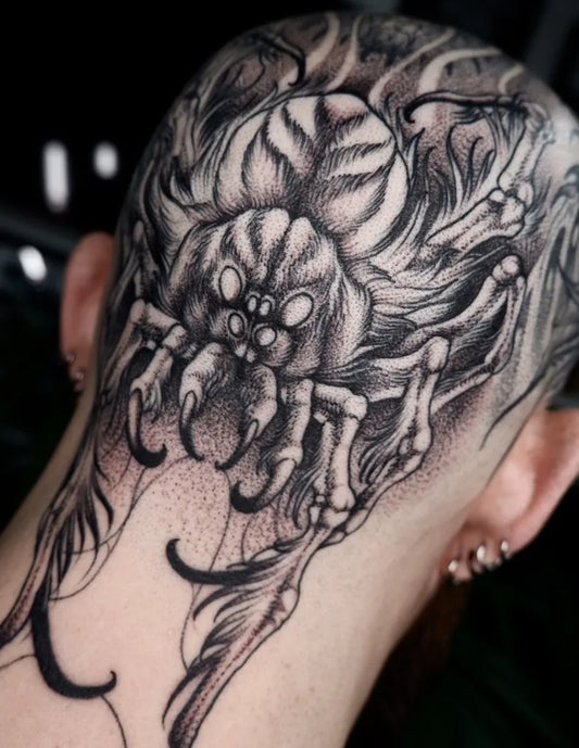 Big Blackwork Spider Tattoo on Men Head by @vitali.tattoos