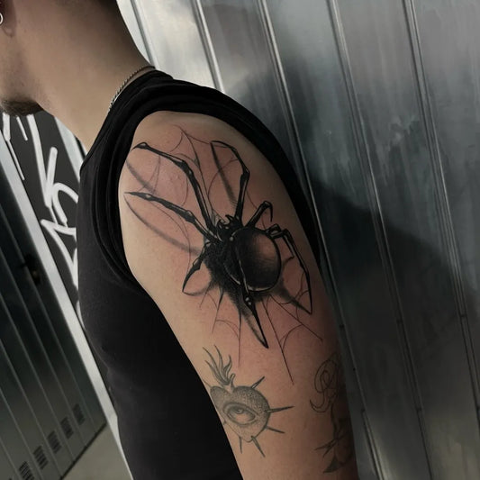 Big Blackwork Spider Web and Spider on Men Arm Tattoo by @rickydarua