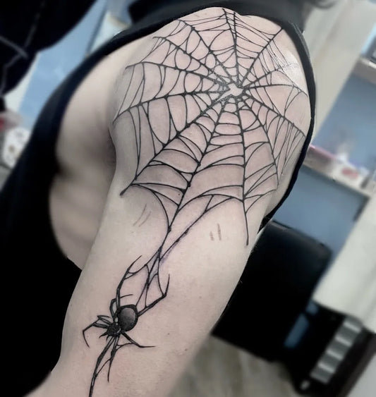 Big Blackwork Spider Web and Spider on Women Shoulder Tattoo by @hara__ttt