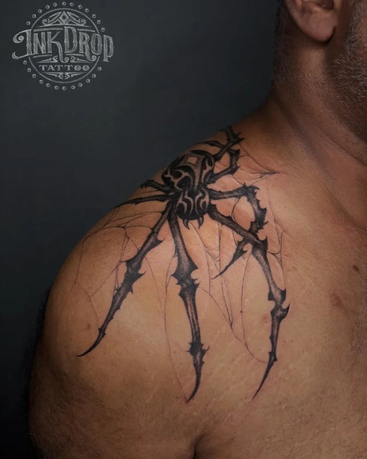 Big Blackwork Spider on Men Shoulder Tattoo by @inkdrop_tattoos