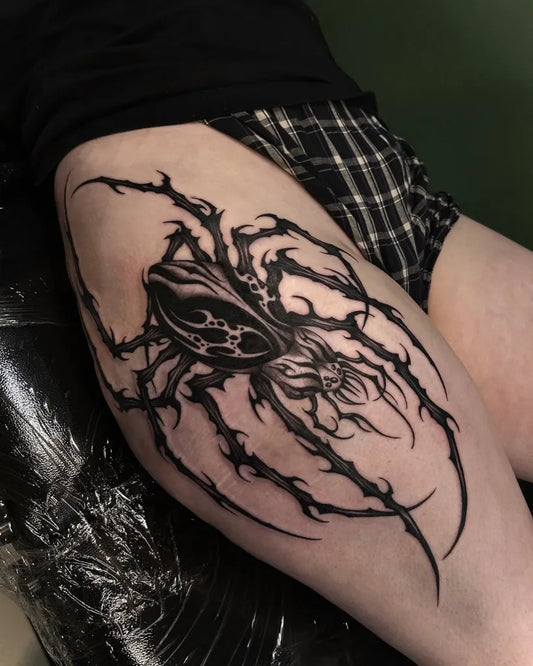 Big Blackwork Spider on Men Thigh Tattoo by @stabbed.by.cara