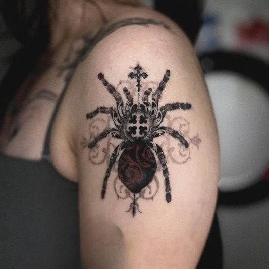 Big Blackwork Spider with Cross and Floral on Women Shoulder Tattoo by @art.hur_tattoo