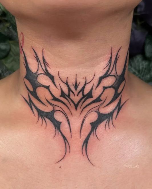 Big Blackwork SpikedCollar on Women Neck Tattoo by @veiane